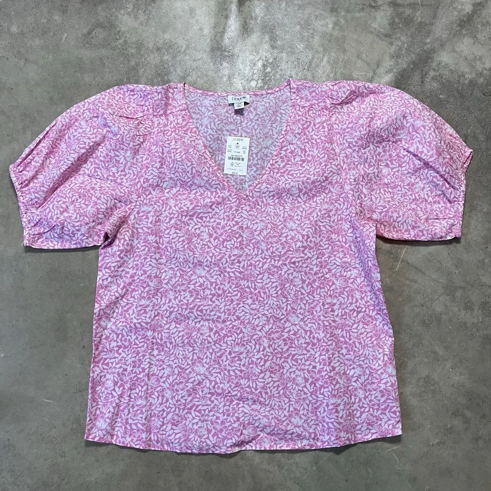 J Crew Shirt Womens Sz XS Pink Puff Sleeve Floral Print V-Neck‎ Top
